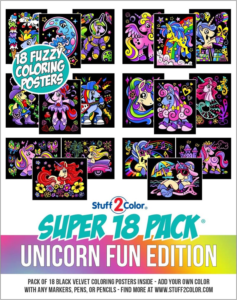 Stuff2Color Super Pack of 18 Fuzzy Velvet Coloring Posters (Unicorn Fun Edition) - Great for Family Time, Arts and Crafts, Travel, Quiet Time, Sharing, Parties [All Ages: Kids, Girls, Adults, Toddlers, Teens] - Image 5